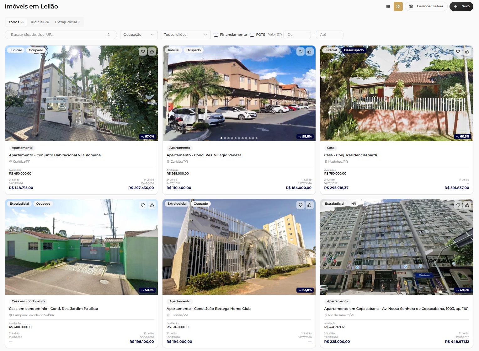 Tela real da plataforma: busca de imóveis em leilão com filtros
